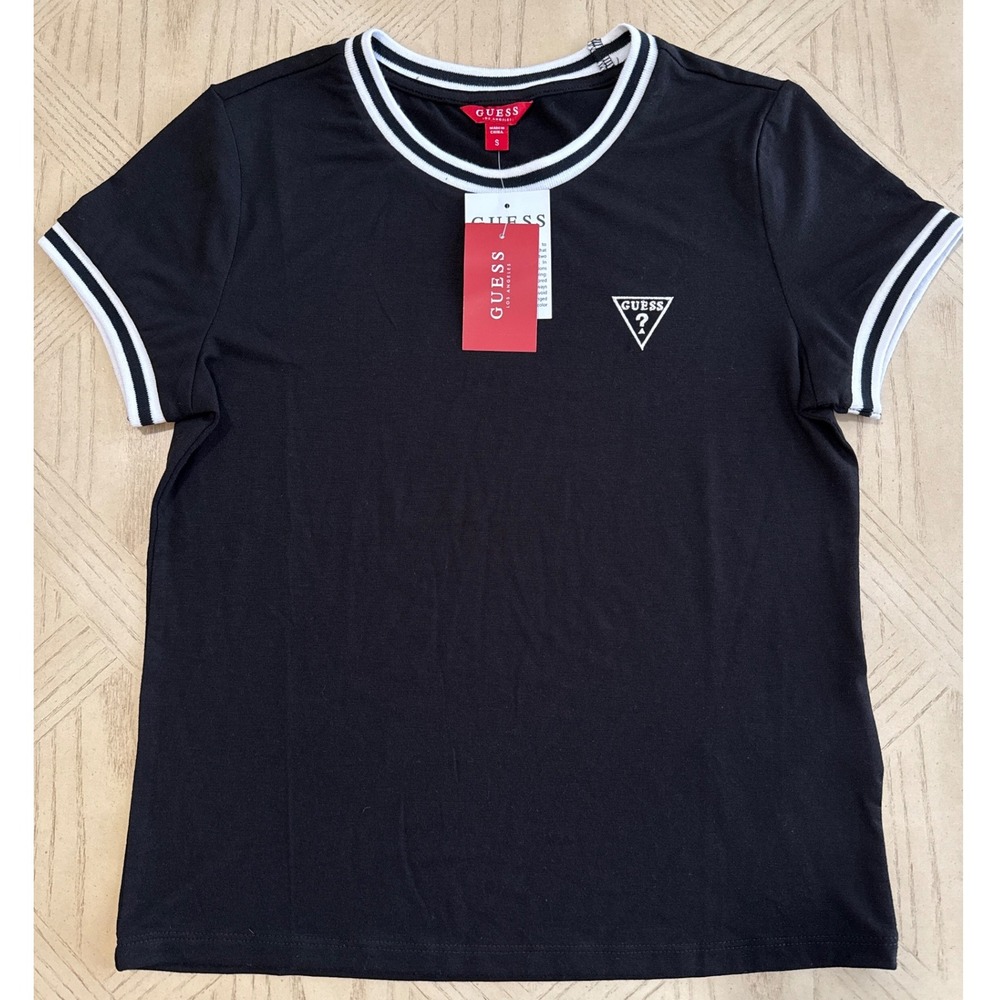NWT GUESS‎ Women's Black Freddie Ringer Crew Baby Tee Embroidered Logo T-Shirt S